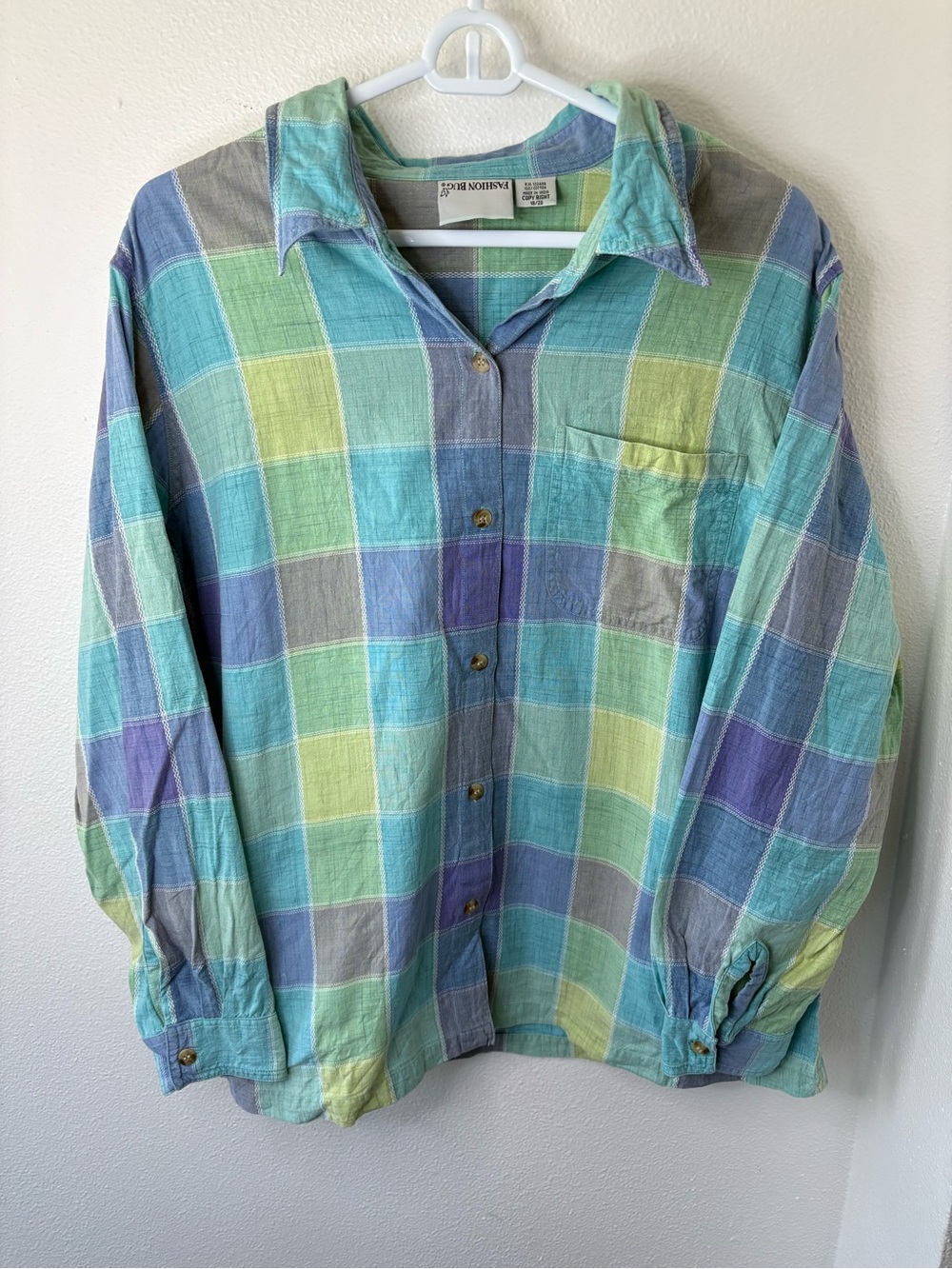 Vintage Fashion Bug Pastel Plaid Button-Down Shirt in Mint, Blue & Lavender